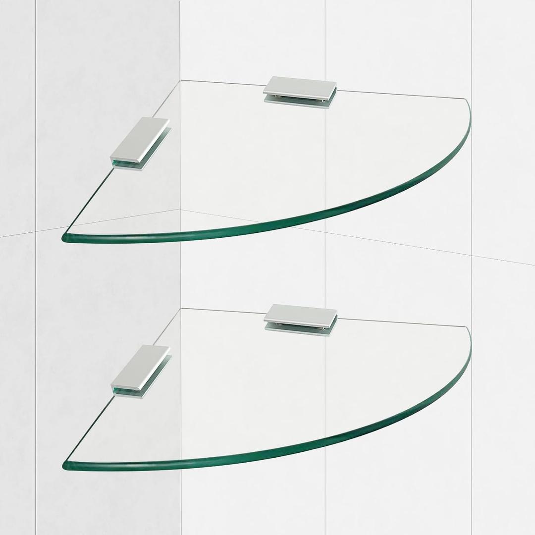 2-Pack Glass Corner Shower Shelves with Aluminium Brackets, 9.8 X 9.8 Tempered Glass Bathroom Shelf, Wall Mounted Organizer for Shower, Kitchen
