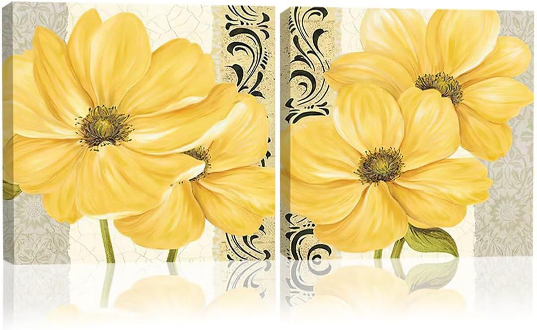 Laoybho Yellow Flower Wall Decor Floral Canvas Wall Art Bathroom Abstract Art Picture Print Painting Posters Botanical Decorative Artwork for Bedroom Corridor Home Decor Unframed (16" x 16" x 2)