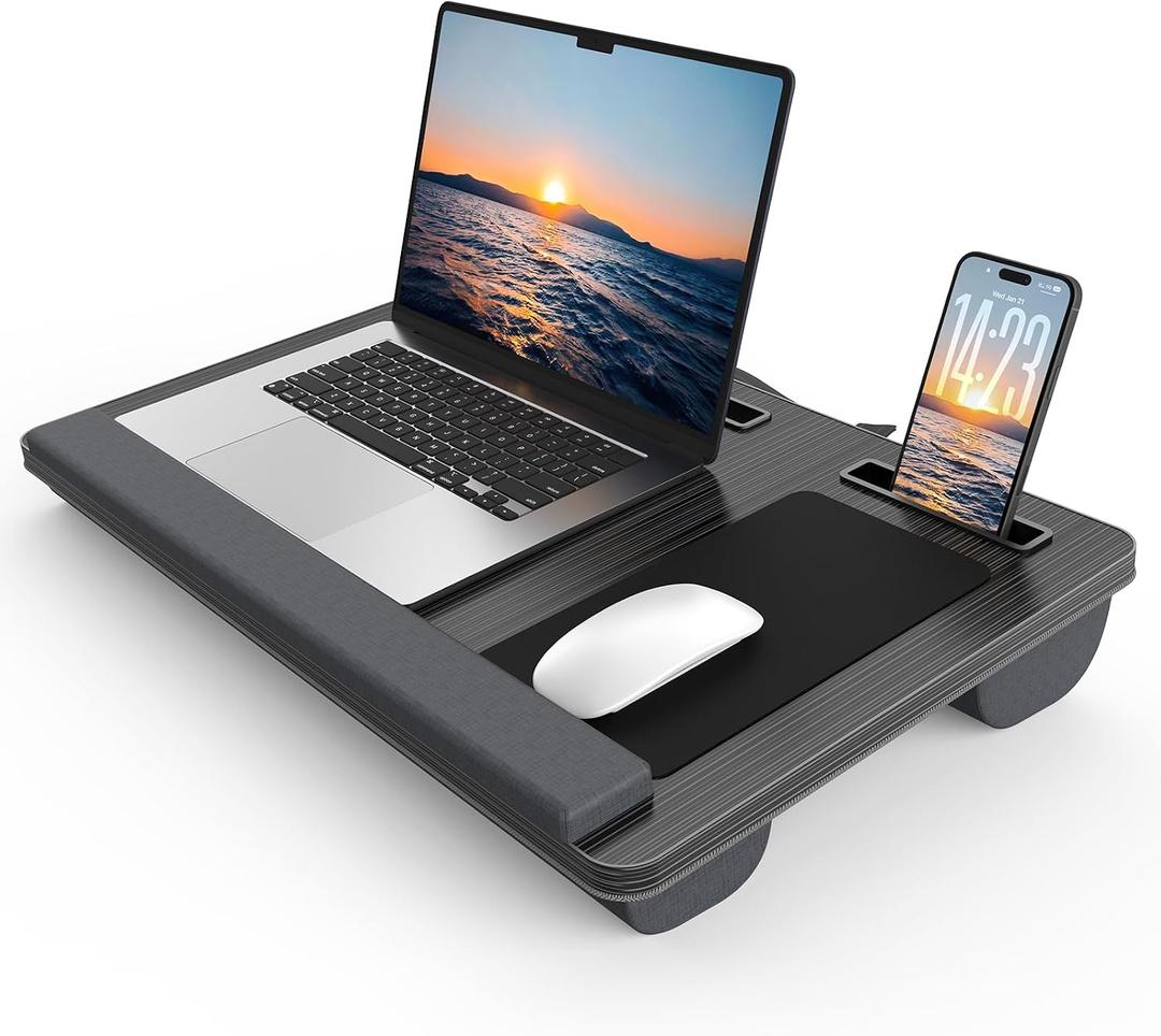 HETTHI Lap Desk with Cushion, Large Laptop Besk Bed, Up to 17" Laptop Tray for Bed with Wrist Rest, 2 Self-Adhesive Mouse Pads, Portable Handle, Tablet Phone Slot (Black)