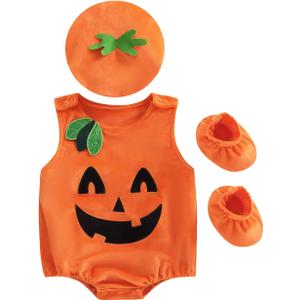Lamuusaa Newborn Baby Girls Boys Halloween Costumes Sleeveless Pumpkin Romper Bodysuit Hat Socks Halloween Outfits 0-3Y