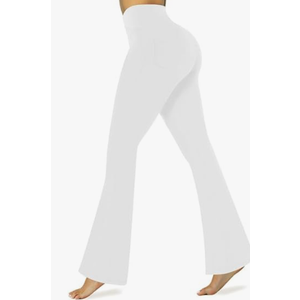 Yoga Pants with Pockets for Women Crossover Flare Leggings Wide Leg Pants for Women Tummy Control, S - White