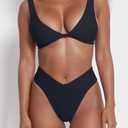 geluboao Bikini Set for Women Solid V Neck Knot Front Push Up High Leg Thong Two Piece Swimsuit (Black, XL)