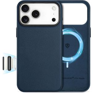 SHIELDON Genuine Leather Case for iPhone 17 Pro Max 6.9" 2025, [Camera Button Updated], Compatible with Magsafe, Magnetic Wireless Charging, Slim Fit, Non-Slip, Anti-Scratch, Shockproof - Navy Blue