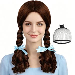 Hair Cap+18 inches Long Brown Wig with Double Braids Brown Braid Wig with Blue Ribbons Adult Middle Parted Outfit for Women Long Curly Costume Wavy Synthetic Hair for Halloween Theme Party