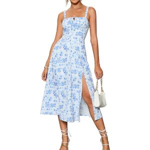 GLNEGE Summer Corset Midi Wedding Guest Milkmaid Tea Party Flowy Sundress | Women's Spring Lace Up Bridal Shower Dresses Cottage Core A Line Slit Semi Formal Cocktail Party Sun Dress (Blue, XXL)