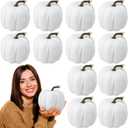 12 Pcs 6 Inches Large Pumpkins for Decorating Big Artificial Velvet Foam Pumpkins Fall Table Decoration for Autumn Fall Thanksgiving Halloween(White)