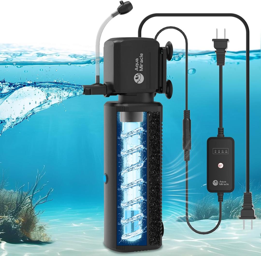 AquaMiracle Aquarium Filter with U - V Light & Filter Sponge, Fish Tank Filter with Timer for Green Water, Turtle Filter with Aeration & Rainfall Mode for Aquarium 80-200 Gallon