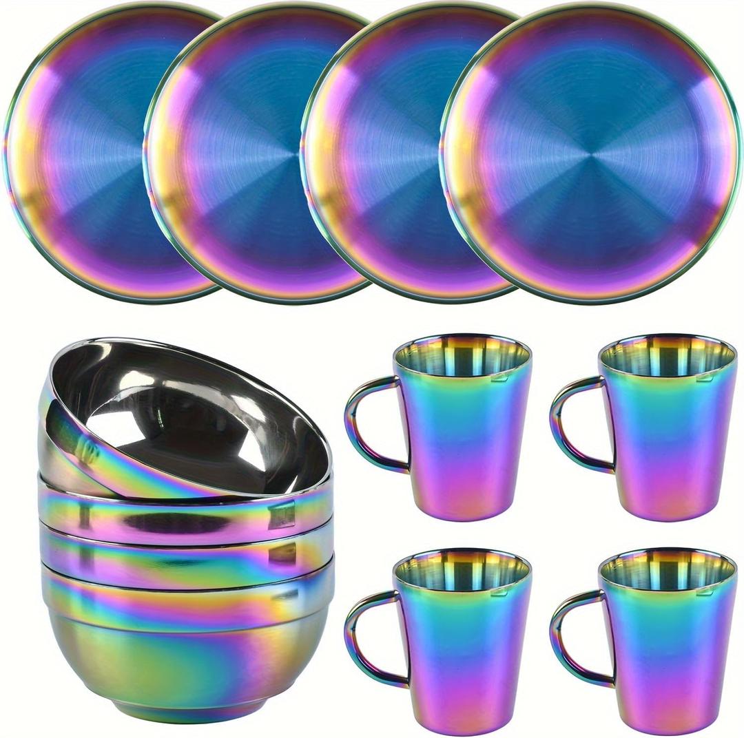 Stainless Steel Dinnerware Set - Plates and Bowls Set With Coffee, Pasta, Kitchen Utensils - KITCHEN AND DINING Essentials- is Dishwasher Safe and Microwave Safe Rainbow