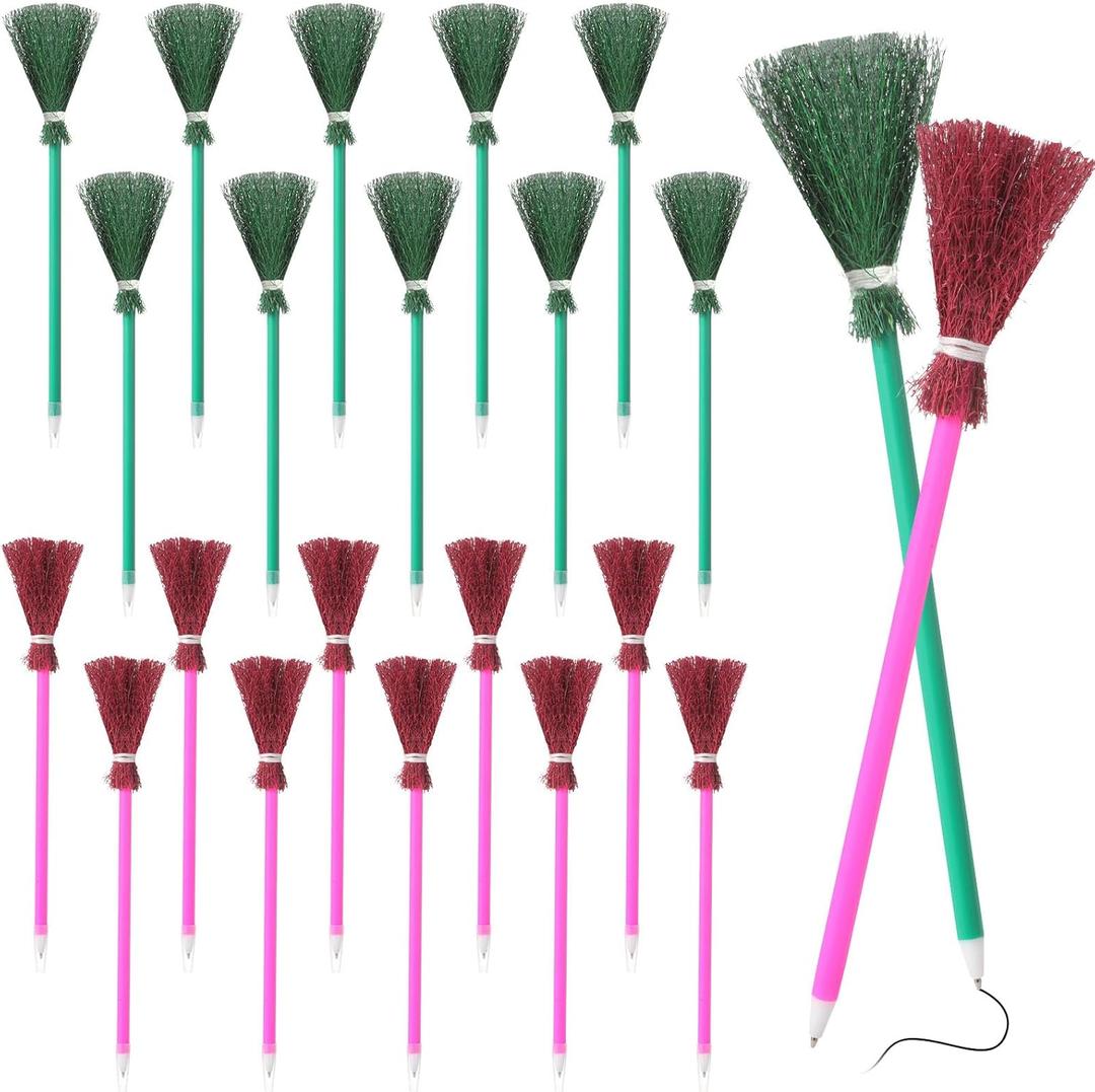 Funrous 20 Pcs Witch Favors Broom Pink and Green Pens Bulk Princess Ballpoint Pencils for Christmas Holiday Birthday Shower Music Themed Supplies Decorations Gifts