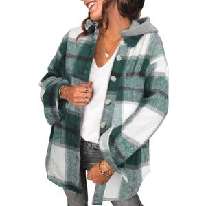 SHEWIN Womens Long Sleeve Button Down Plaid Shirts Flannel Hooded Shacket Jacket Hoodie Coats (Green, XXL)