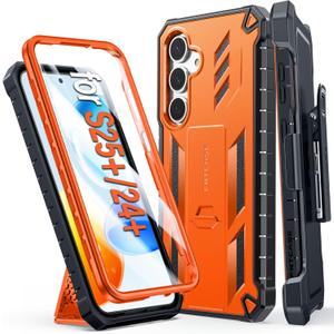 FNTCASE for Samsung Galaxy S25-Plus Case: Military Grade Rugged Cell Phone Cover with Kickstand & Belt Clip Holster | Shockproof TPU Protection Bumper Design for Samsung S24 Plus Cases (Orange)