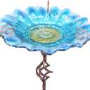 Bird Baths for Outdoors, Glass Birdbaths Outdoor Garden Birdfeeder with Metal Stake Blue (Height:31inch)