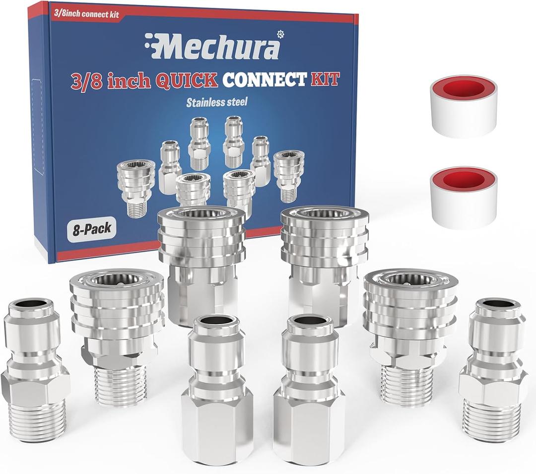 3/8" Pressure Washer Quick Connect Kit, Female and Male Swivel Fitting, Stainless Steel Adapter Set 3/8 Quick Connect Fittings Coupler (8 Pcs)