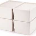 Menkxi 3 Pcs Storage Bins with Lids Plastic Stackable Containers for Organizing Shelves Christmas Ornament Box Baskets(Beige,Large)