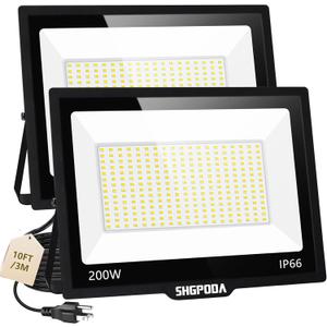 2 Pack 200W LED Flood Lights Outdoor, 24000LM Brighter Security Lights with Plug+10ft Cord, IP66 Waterproof, 5000K White Floodlight for Yard, Garden, Stadium, Playground, Arena