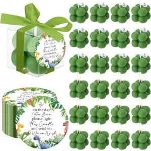 MTLEE 24 Sets Dinosaur Baby Shower Favors Small Bubble Candle Baby Shower Favors for Guests Tea Candles Bulk with Stylish Ribbons Cards Gifts Party Decoration(Army Green,Dinosaur)