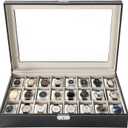 24 Slots Watch Box | Watch Case Display Organizer, Watch Display Case Glass Top for Men Women PU Leather Display Storage Collection Organizer Jewelry Case with Removable Pillows