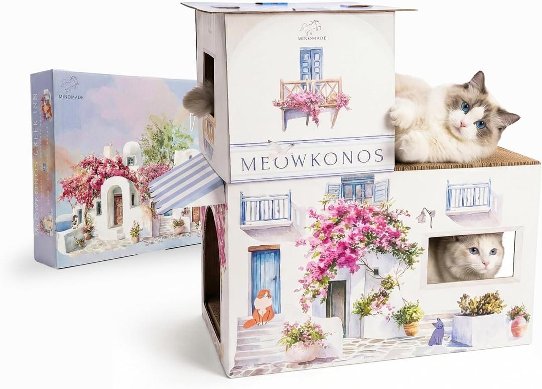 Extra Large & Durable 2-Level Cardboard Cat Scratcher House – Meowkonos Santorini Greece Villa, Cave Hideout, Indoor Cat Bed, Cat Scratch Pad, Kitten Play Tower, Cat Furniture Condo