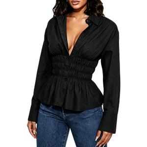 Women Long Sleeve Button Down Fitted Shirts Collared Cinched Waist Tops Office Work Blouse (Black, L)