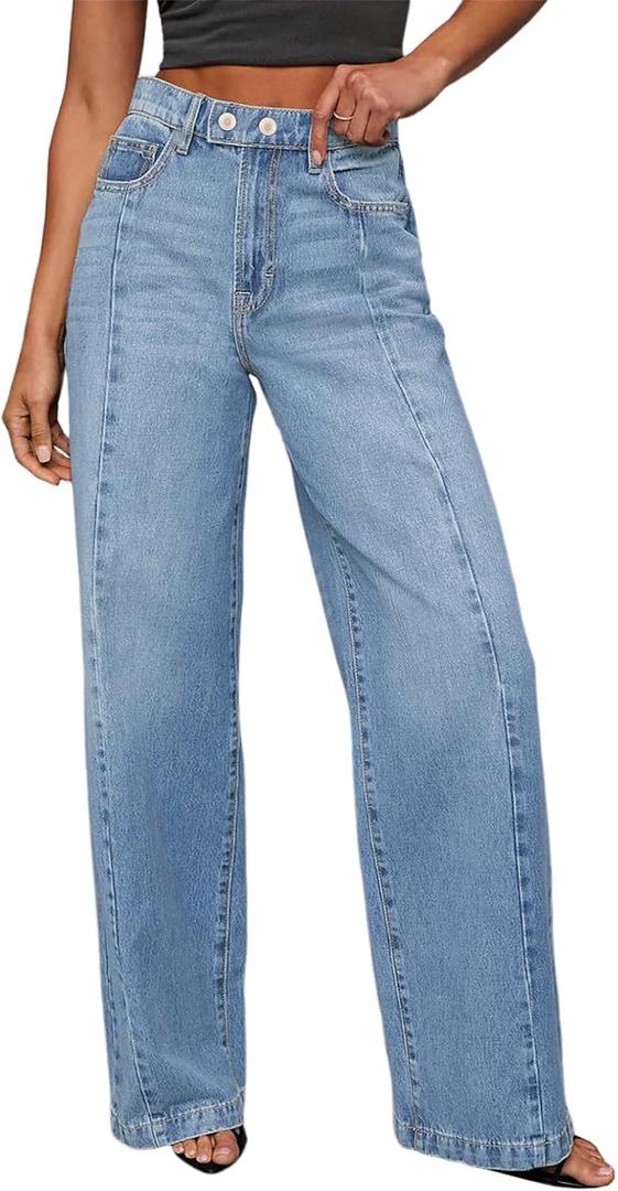Sidefeel Women's Wide Leg Jeans High Waisted Stretchy Baggy Front Seam Denim Pants (10)