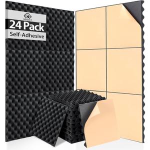 24 Pack Sound Proof Foam Panels for Wall,Self Adhesive Acoustic Panels,12" X 12" X 1.2" Egg Crate Soundproof Wall Panels for Studio,Room Acoustic Treatment Foam,Sound Absorbing Foam Black (12 x 12 x 1.2 Inches, 24 Pack24 sq ftSelf-Adhesive)