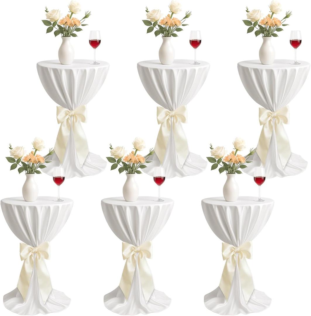 12 Pcs Cocktail Table Covers with Satin Sash, 34 x 45 in Round Cocktail Tablecloths Bar High Top Stylish and Elegant Table Cover Skirt for Weddings Parties Banquets (White,Light Beige)