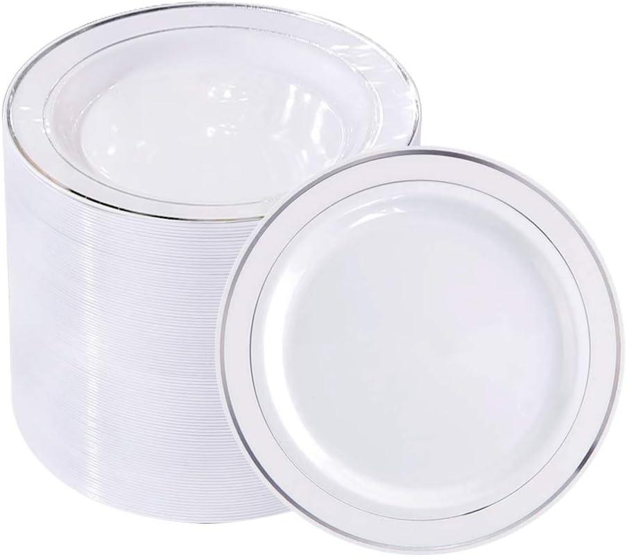 bUCLA 100Pieces Silver Plastic Plates -6.25inch Disposable Salad/Dessert Plates- White with Silver Rim Premium Hard Plastic Appetizer Plates/Small Cake Plates for Weddings,Parties&Christmas