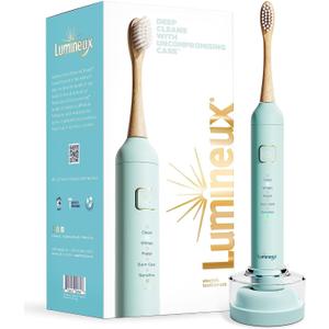 Lumineux Teeth Whitening Sonic Bamboo Electric Toothbrush for Adults - Includes 2 Soft Bristle Replaceable Bamboo Toothbrush Heads, Charging Station & USB Charge Cord - Rechargeable, Light Blue