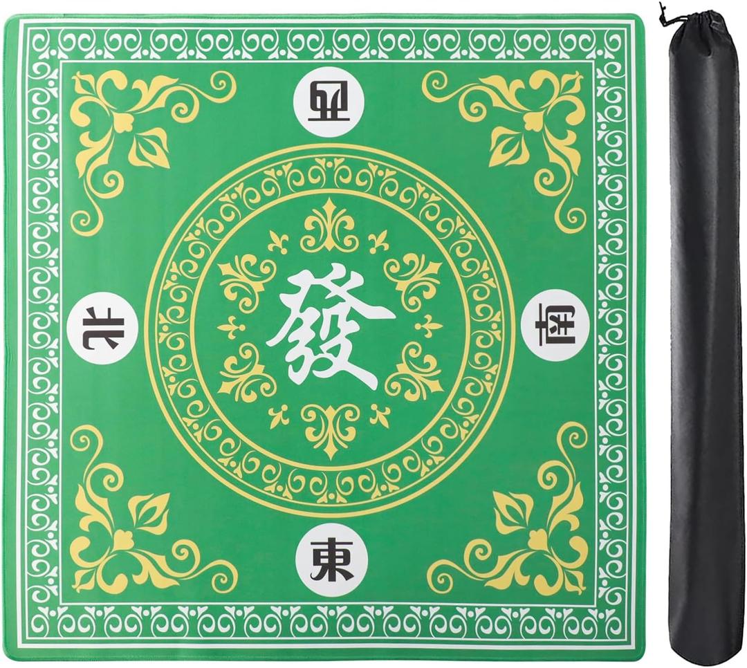 Mahjong Mat,Mahjong Game Table Mat with 3 Dice & Carrying Bag,31.5"x31.5" Green Rubber Anti-Slip Playmat for Mahjong, Card, Board & Tile Games