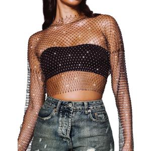 CYCLAMEN Women's Rhinestone Body Chains Long Sleeve Crop Tops Crystal See Through Mesh Diamond Fishnet Shirts Outfits, Black, One Size (XS-L)