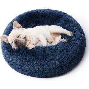 Bedsure Calming Dog Bed for Small Dogs - Donut Washable Small Pet Bed, 23 inches Anti-Slip Round Fluffy Plush Faux Fur Large Cat Bed, Fits up to 25 lbs Pets, Navy