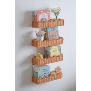 Nursery Book Shelves Set of 4, Metal & Plastic Artificial Rattan Scalloped Book Shelf 15.8", Cute Floating Bookshelf for Kids Bedroom Farmhouse Decor