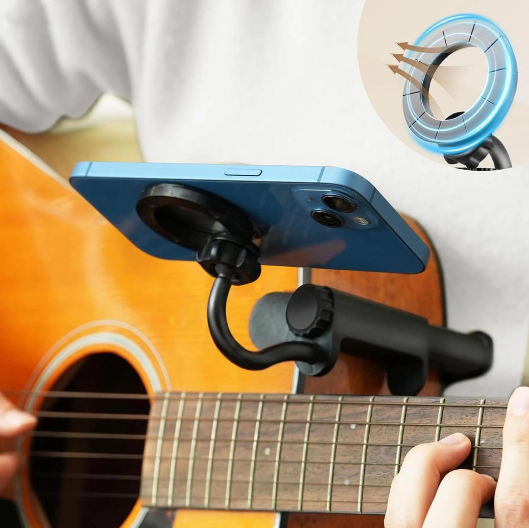 Magnetic Plus Guitar Phone Holder mount, Adjustable & Rotatable Arm, Supports iPhone 12+&Magsafe, Universal Phone Fit, Ideal for Digital Sheet Music, Teaching Videos, Live Streaming & Recording