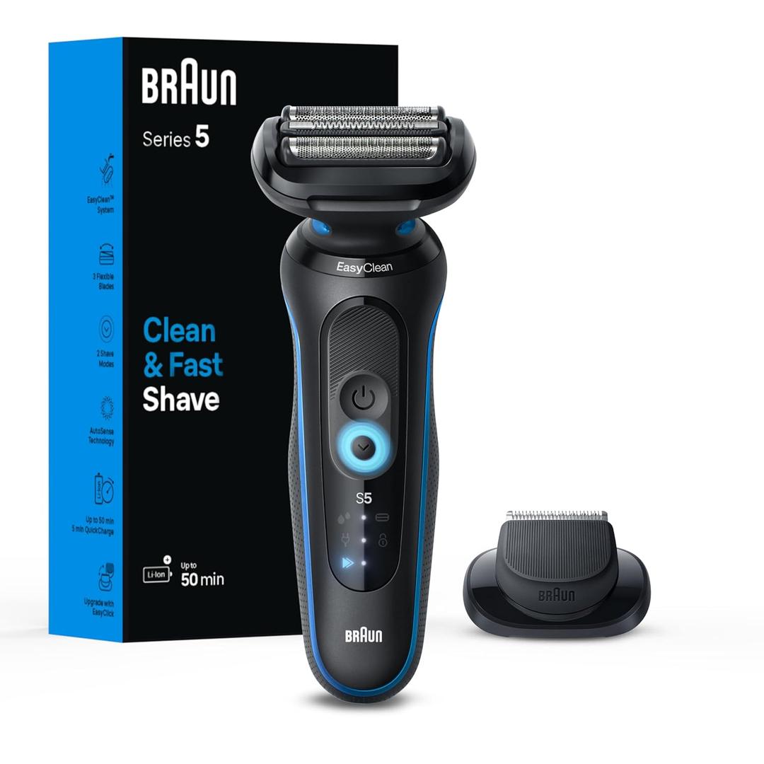 Braun Electric Shaver for Men, Series 5 5118s, Waterproof, Wet & Dry Shave, Turbo Shaving Mode, Foil Shaver with Precision Trimmer, Battery Powered, 50 Minute Battery Runtime (4 Piece Set, Blue)