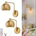 Gold Battery Operated Wall Sconces Set of 2, Rechargeable Cordless Wall Light Fixture with Remote, Dimmable Wireless Battery Powered Wall Decor Lighting Lamp for Bedroom Living Room