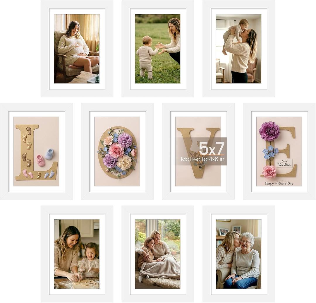 upsimples 5x7 Picture Frame Set of 10, Display Pictures 4x6 with Mat or 5x7 Without, Multi Photo Frames Collage for Wall or Tabletop Display, White