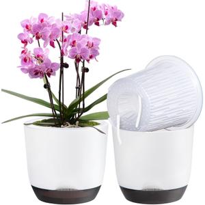 QCQHDU 2 Pack 7.2 Inch Orchid Pots with Holes for Repotting, Double-Layer and Self Watering Orchid Pot with Good Air Circulation (White & Black)