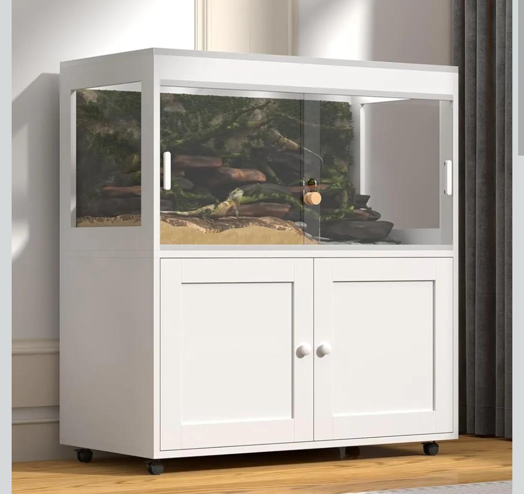 Reptile Terrarium Tank with Storage Cabinet – 60 Gallon Enclosure with Sliding Doors, Mesh Lid, Lock, and Wheels – Snake & Lizard Habitat Stand for Indoor Use