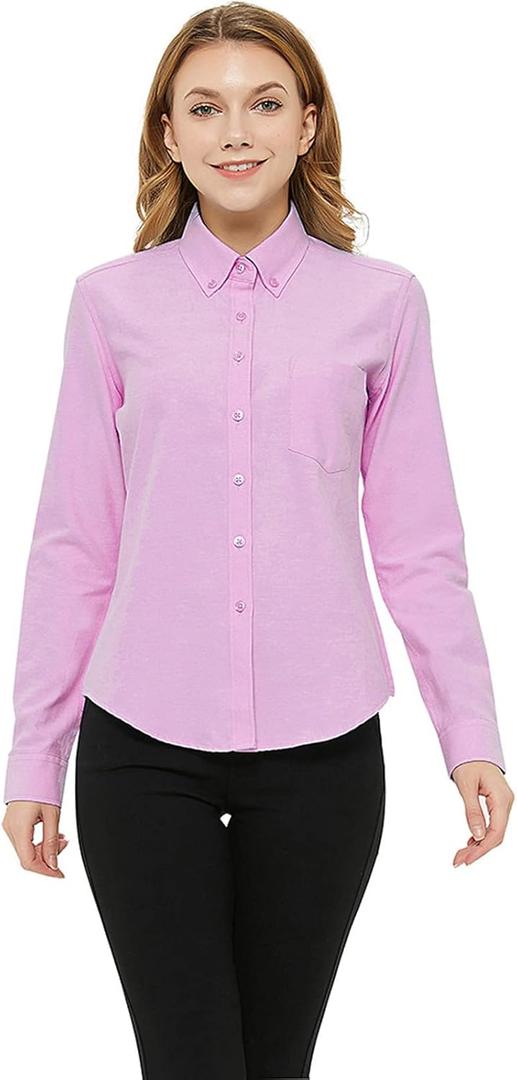 MGWDT Button Down Shirt Women Long Sleeve Blouse Oxford Shirt Classic-Fit Cotton Tops Wrinkle Resistant (2XS-3XL) (S)