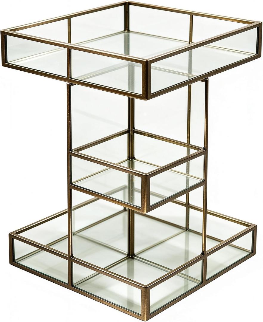 360° Rotating Makeup Organizer, Luxury Clear Glass Vanity Organizer with Mirrored Top, Large Capacity Cosmetic Storage for Skincare Perfume Makeup, for Dresser Bathroom Bedroom (brass)