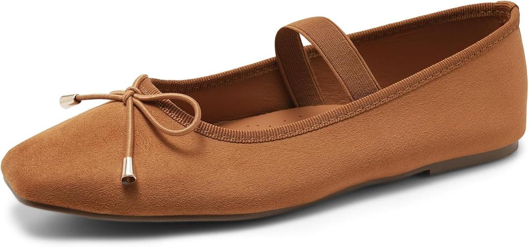 MaxMuxun Ballet Flats for Women Closed Square Toe Mary Jane Flats with Bow Elastic Strap Comfortable Dressy Women's Flats