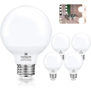 Hansang G25 LED Bathroom Light Bulbs, E26 Base 4000K Natural Daylight Vanity Mirror Light Globe Bulbs Uniform Lighting, High CRI Makeup Mirror Light Bulbs Not-Dimmable 4 Pack