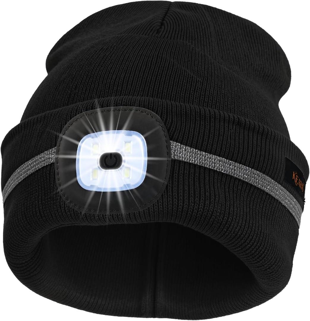 Keains Reflective Stripe LED Beanie with The Light  Winter Knit Hat for Outdoor Work Sports, Gifts for Men Women Dad (One Size, Black)