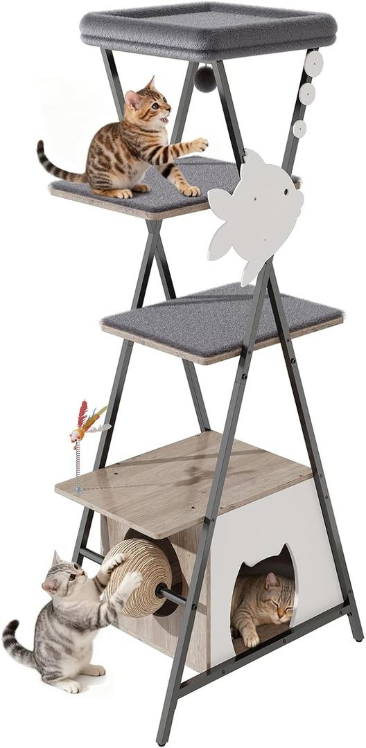 HavenlyYouth Modern Cat Tree for Indoor Cats, Tall Cat Tower with Condo, Multi-Level Cat Tree with Cave, Scratching Board,Removable Pads for Cats, X Style, Light Gray