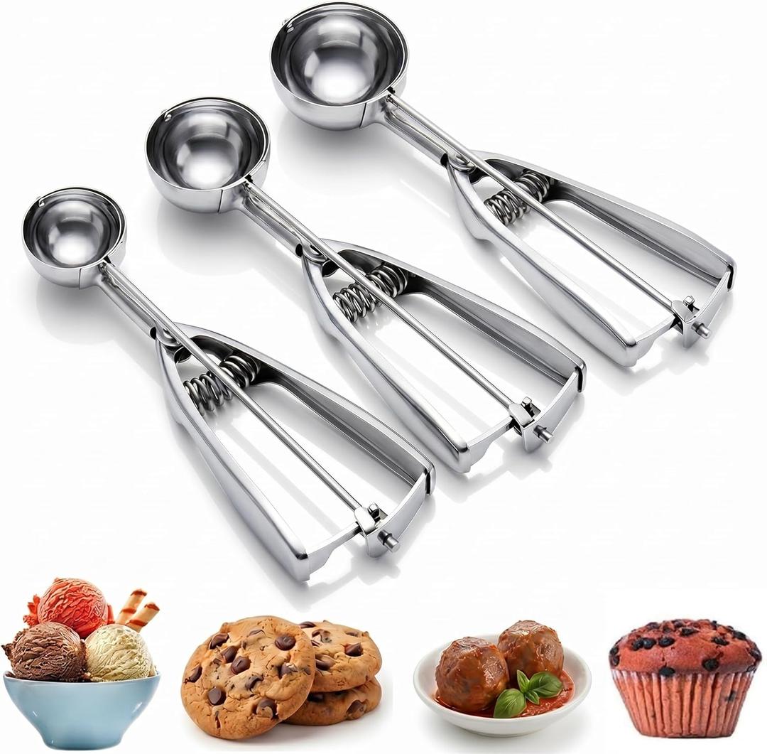 Ice Cream Scoop, 3Pcs Cookie Scoop Set, Stainless Steel Ice Cream Scooper with Trigger Release, Large/Medium/Small Cookie Scooper for Baking, Cookie Scoops for Baking Set of 3 with Cookie Dough Scoop