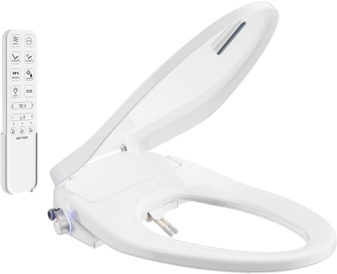 SR SUN RISE Electric Bidet Toilet Seat Elongated - Dual Nozzles for Female & Hip, Comfort Heated Seat & Air Dryer, 6 Wash Modes, Remote & Knob Control, Silent Close Lid, Nightlight, Ultra-Slim