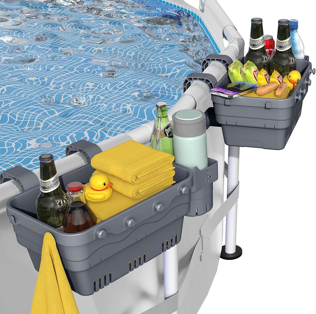 Poolside Storage Basket for Above Ground Pools, Above Ground Pool Accessories, Swimming Pool Storage Basket with Pool Cup Holder, Versatile Organization for Pool Accessories(2 Pack) (Gray)
