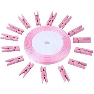 jijAcraft 100Pcs Clothespins with Ribbon, 1.4Inch Wooden Clothes Pins with 25Yds Pink Ribbon, Pink Photo Clips, Small Baby Shower Decor Clips, Crafts Clothespins for Wedding, Birthday