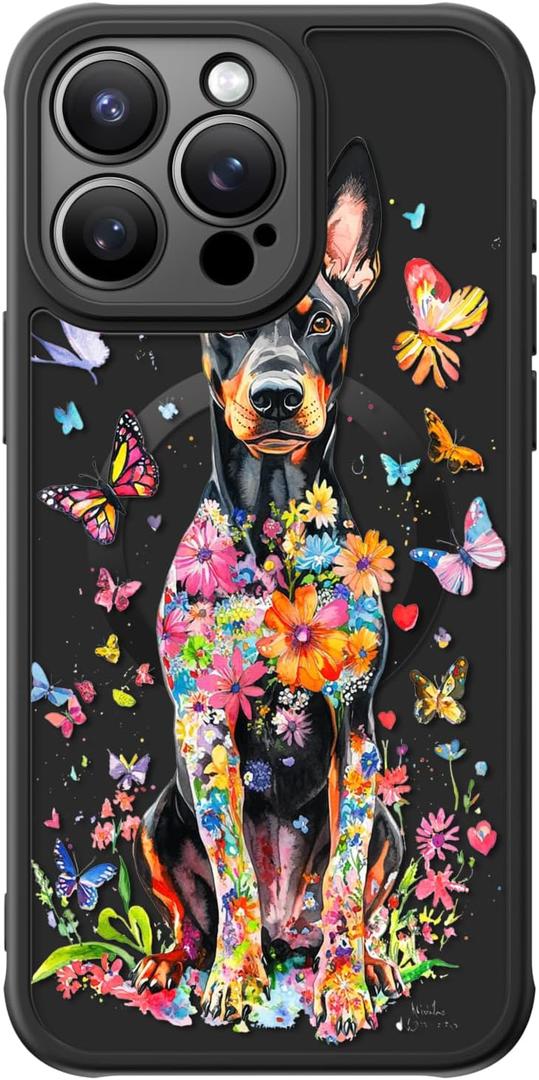 FUNMIKO for iPhone 15 Pro Max Case Wireless Charging & Military-Grade Protection - Cute Floral Design for Women Girls, Non-Slip Matte Cover with Shockproof Corners - Vibrant Doberman