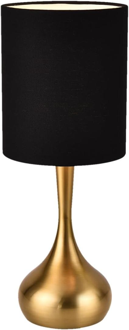 KUNJOULAM Modern Table Lamp, 17.3" Small Desk Light with Brass Metal Droplet Base, Black Cylinder Linen Drum Shade, Nightstand Lamp for Bedroom Living Room Nightstand Office
